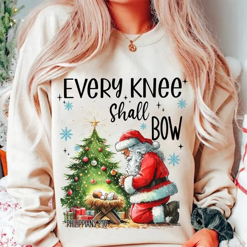 Nativity Scene Sweatshirt - Every Knee Shall Bow - Kneeling Santa - Baby Jesus - Unisex - Cotton, Fabric Crewneck Fit...