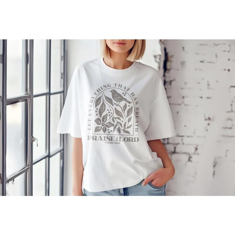 Nature - infused and Reverent T - Shirt: Make a Statement with a Floral - Bird Motif and Religious Verse
