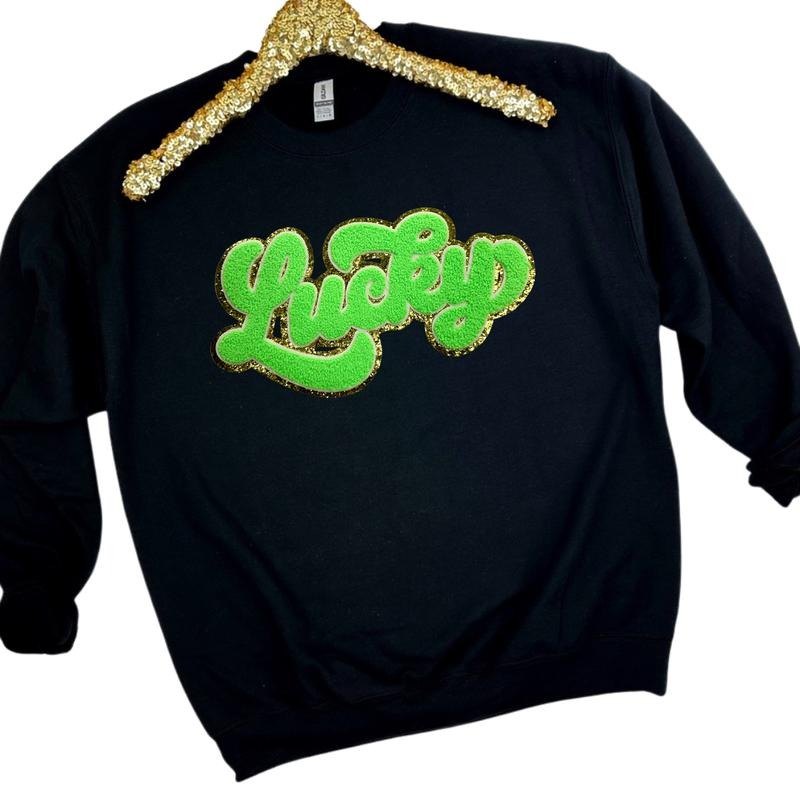 Neon Green Chenille Lucky Patch Sweatshirt T-Shirts, Hoodie | HypeDripTees.com