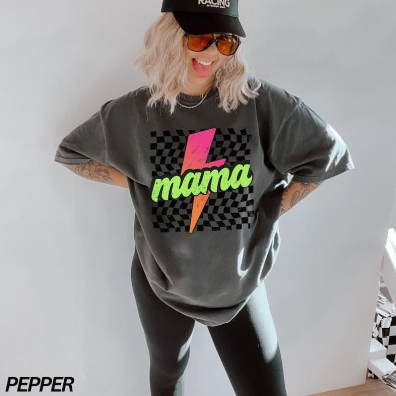 Neon Mama Shirt, Checkered Mama Shirt, Lightning Bolt Shirt, Mothers Day Gift, Retro Checkered Mom Tshirt, Gift for Her...