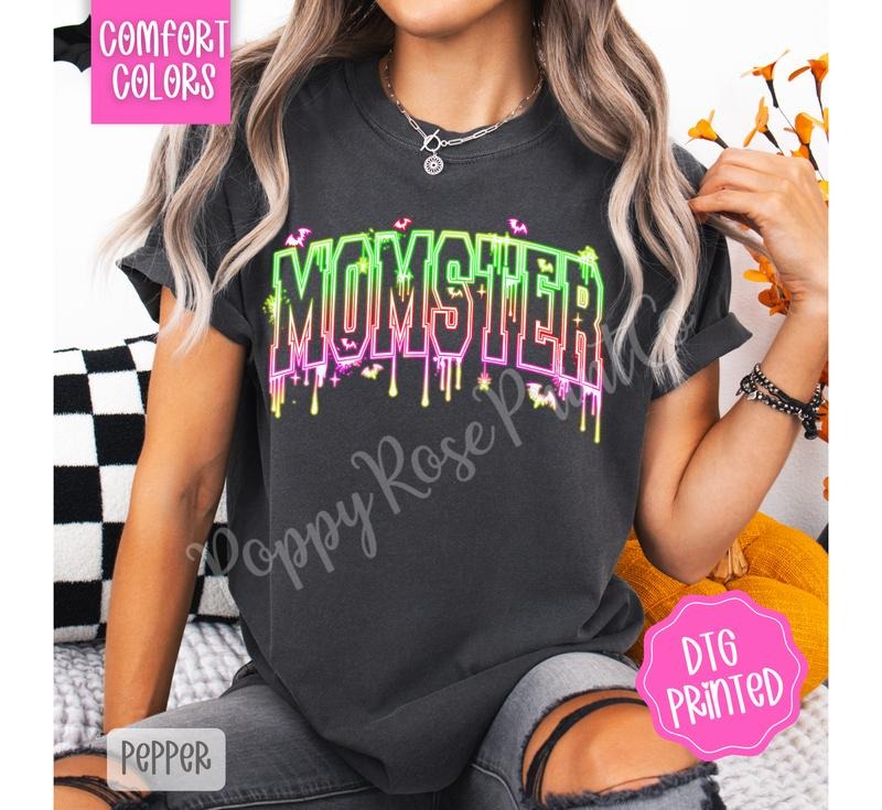 Neon Momster Shirt Comfort Colors, Trendy Halloween Mom Tshirt Hoodie, Sweatshirt | HypeDripTees.com