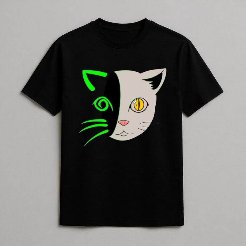 Neon Split Cat Face Tee - Psychedelic Glow Eyes & Whiskers Graphic Tee, Y2k Shirt, Y2k Clothing, Vintage T-Shirt, Unisex...