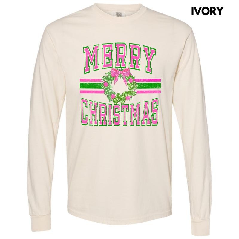 Neon Varsity Merry Christmas Long Sleeve Comfort Colors T-Shirt 'NLB' Hoodie, Sweatshirt | HypeDripTees.com