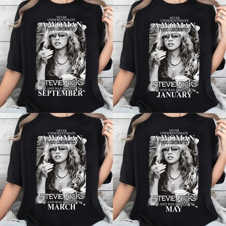 Never Underestimate A Woman Who Listens To Fan Stevie Nicks And Was Born In Jan - Dec T-Shirt Hoodie, Sweatshirt