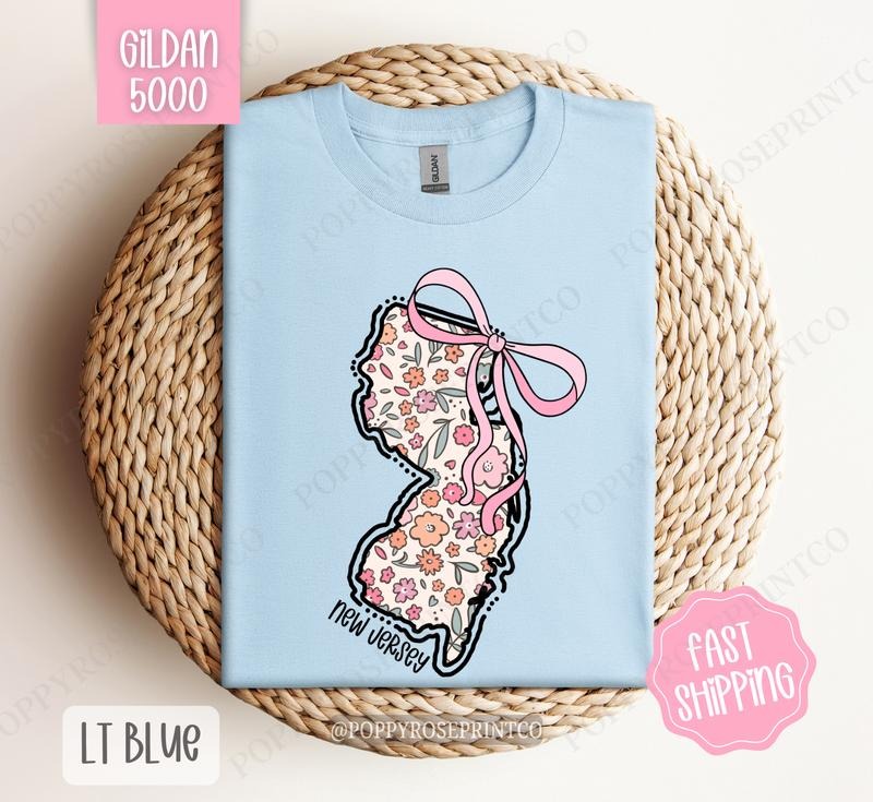 New Jersey Gildan T-shirt, Cute New Jersey State Shirt, New Jersey Floral Bow Tee Hoodie, Sweatshirt | HypeDripTees.com