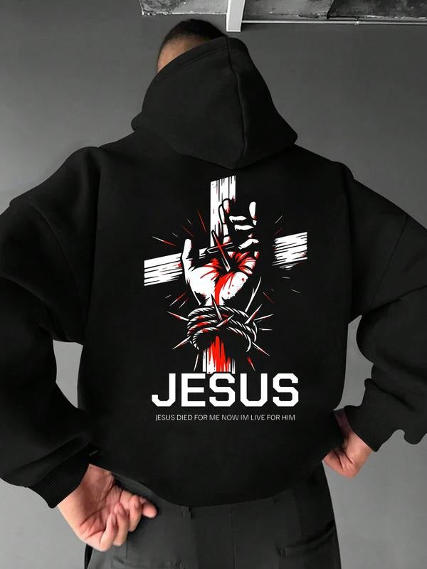 New Jesus Letter Print Hoodie with Kangaroo Pocket, Loose Fit Winter Casual Sweatshirt, Warm Lining Drawstring Design...