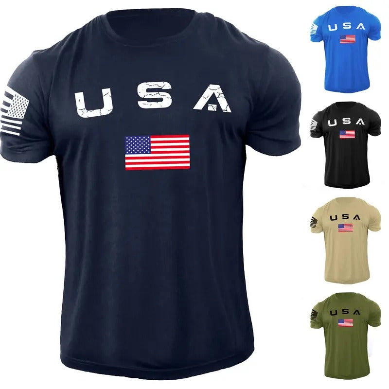 New Men's USA Flag T-Shirt with Crewneck, Short Sleeves and 100% Cotton Material