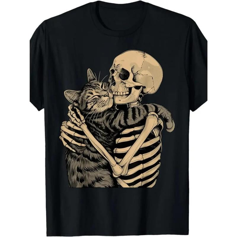 New Stylish Skeleton Hugging Cat Print for Men Women Couple Fashion T-Shirt, Street Short Sleeve Cotton T-Shirt,...