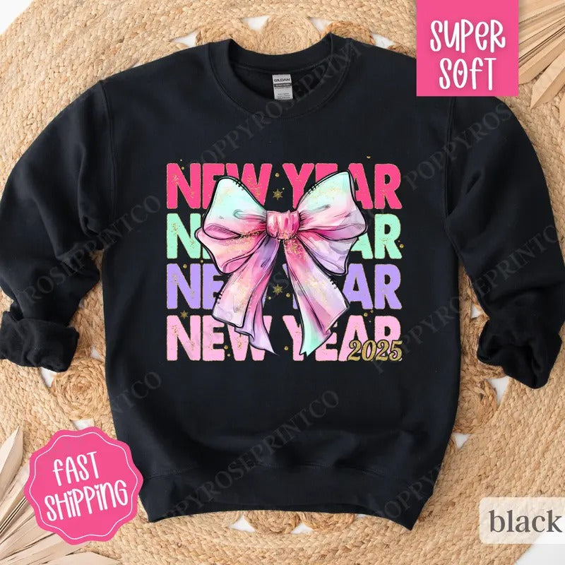 New Year Bow Sweatshirt, NYE 2025 Crewneck,  Happy New Year Sweater T-Shirts, Hoodie | HypeDripTees.com