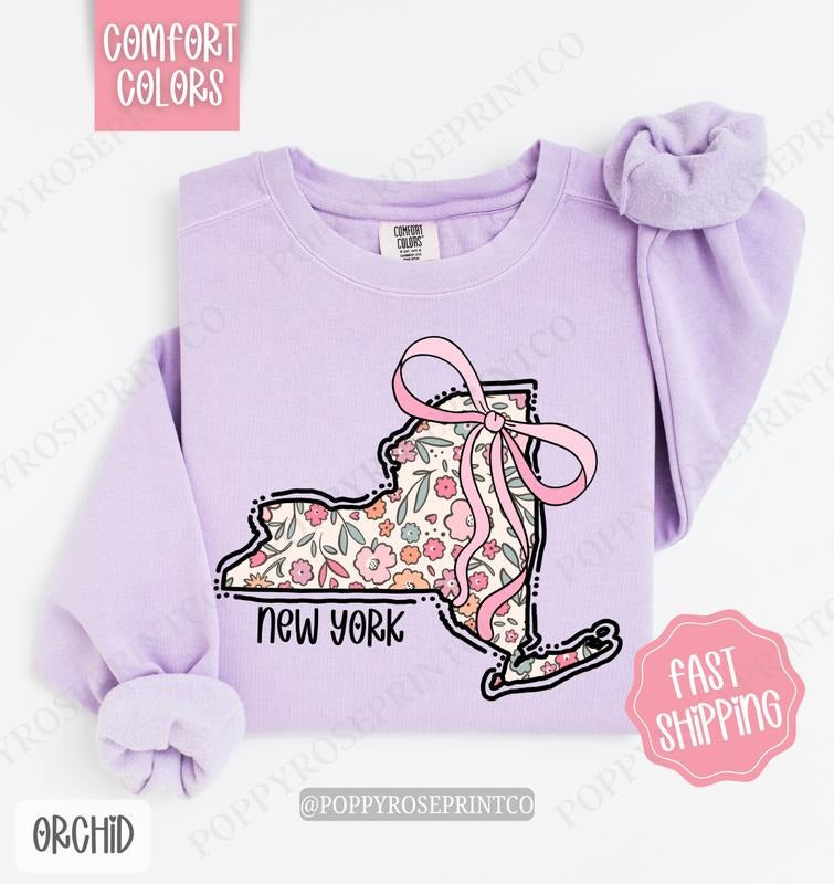 New York Floral Comfort Colors Sweatshirt, New York Sweatshirt, Cute Bow New York Sweatshirt T-Shirts, Hoodie