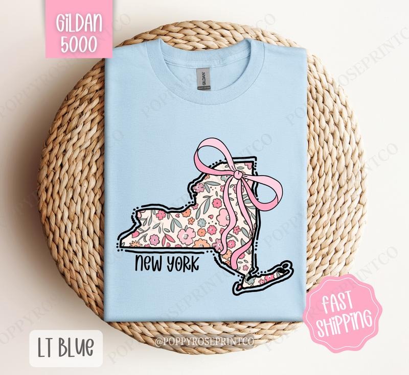 New York Gildan T-shirt, Cute New York State Shirt, New York Floral Bow Tee Hoodie, Sweatshirt | HypeDripTees.com
