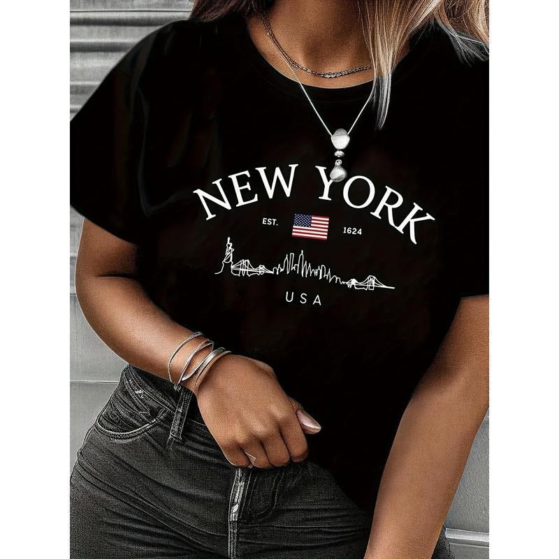New York Print Crew Neck T-shirt, Short Sleeve Casual Top For Summer & Spring, Women's Clothing Hoodie, Sweatshirt