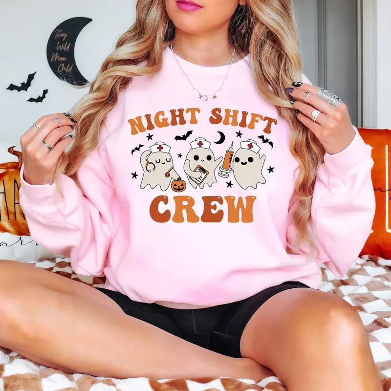Night Shift Crew, Halloween Nurse Sweatshirt, Retro Spooky Nurse T-Shirt, Registered Nurse Sweatshirt, Nursing School...