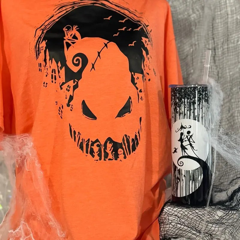 Nightmarish Halloween BUNDLE T-shirt and Cup Combo Menswear Soft Top Print Tee Crewneck Orange Pumpkin Design 20 oz...