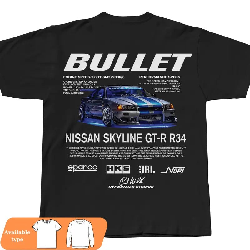 Nissan Skyline GTR R34 Bullet T-Shirt, Car shirt, JDM Nissan Skyline Shirt, Car Enthusiast shirt, Skyline and GTR Fans...