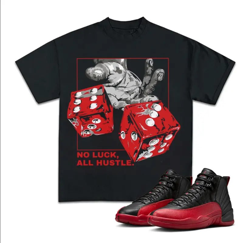 No Luck All Hustle Match 12 Retro Flu Game Outfits, Menswear Graphic Tee Cotton T-shirt, Y2K Streetwear, Hip Hop Crewneck...