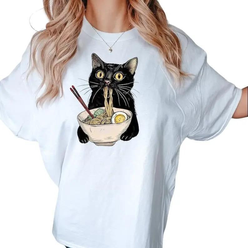 Noodle Cat T-Shirt, Ramen Cat Shirt, Retro Cat Tees, Cat Lover Shirt, Anime Tee Hoodie, Sweatshirt | HypeDripTees.com