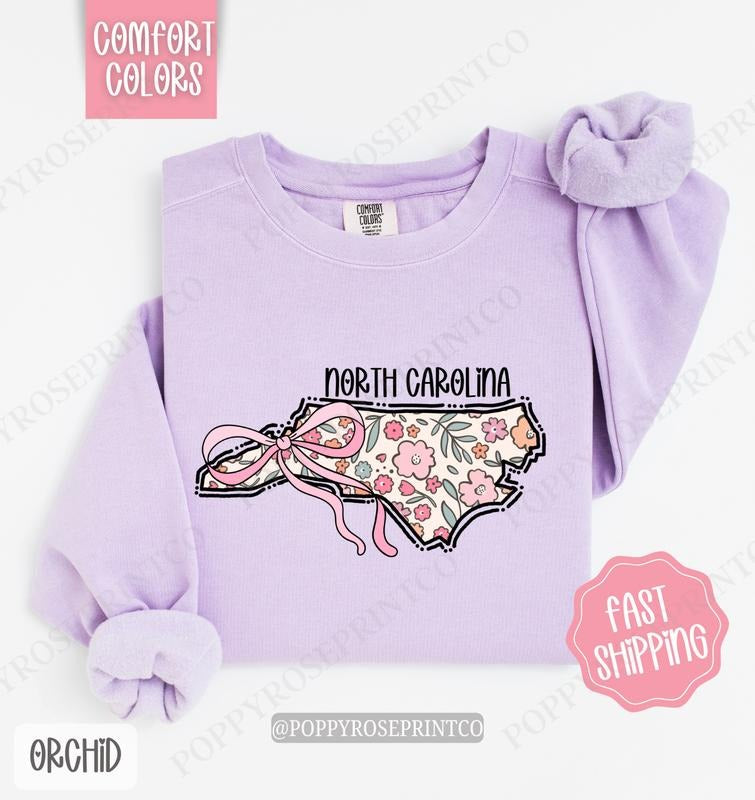 North Carolina Floral Comfort Colors Sweatshirt, North Carolina Sweatshirt, Cute Bow North Carolina Sweatshirt T-Shirts,...