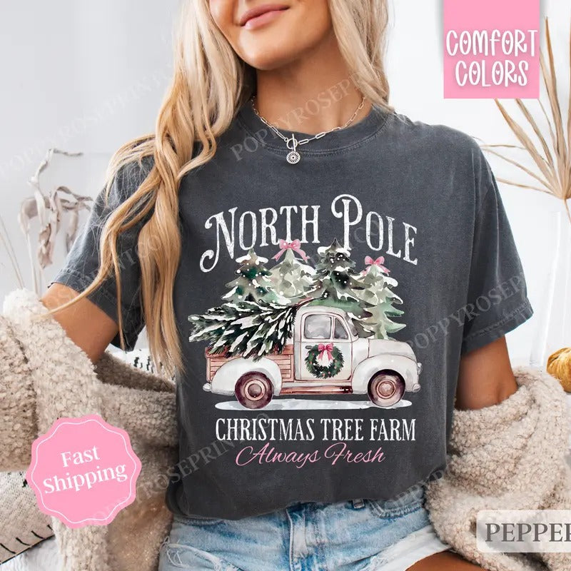 North Pole Christmas Tree Farm Shirt Holiday Tshirt, North Pole Tee Women's Holiday Shirts Hoodie, Sweatshirt