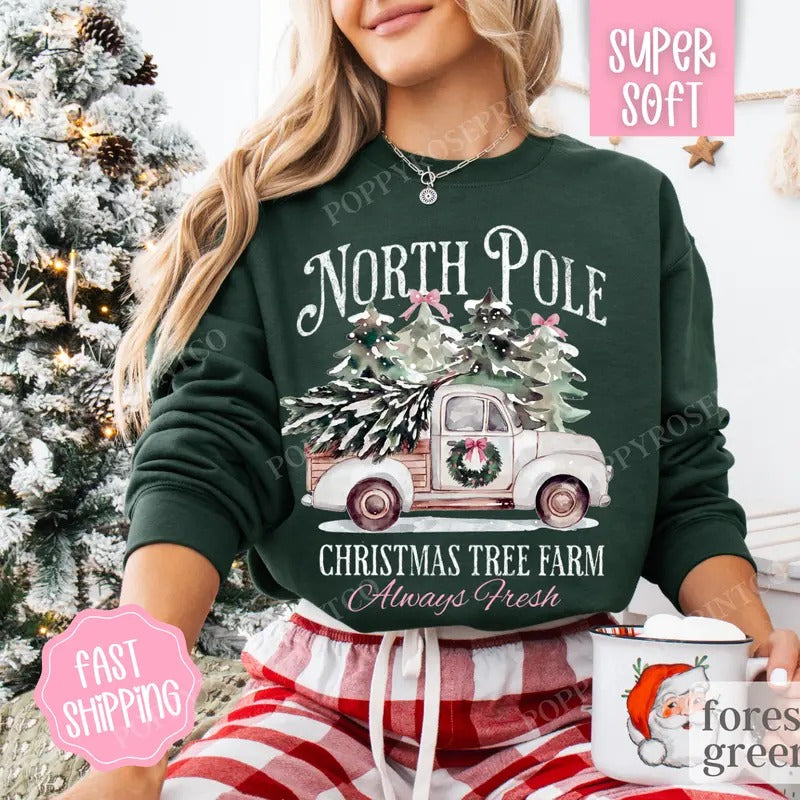 North Pole Christmas Tree Farm Sweatshirt, Christmas Sweater, Women's Holiday Crewneck T-Shirts, Hoodie | HypeDripTees.com