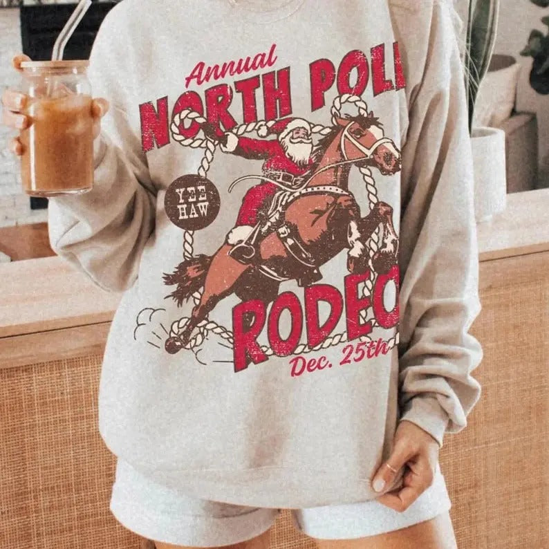 North Pole Rodeo Crewneck UNISEX Country Christmas Western Christmas Cowboy Santa Claus Shirt Vintage Groovy Festive...