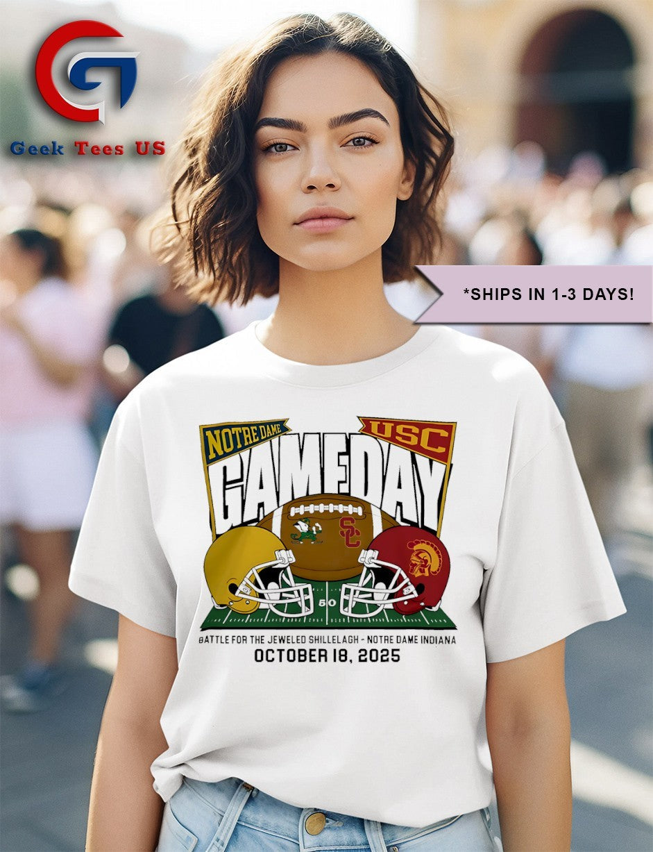 Notre Dame Fighting Irish vs USC Trojans 2025 NCAA Football helmet Gameday shirt