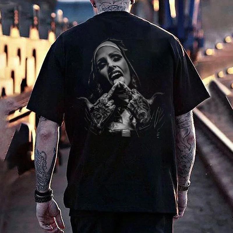 Nun with Crucifix Graphic Dark Style Black Print T-shirt -  Sweatshirt