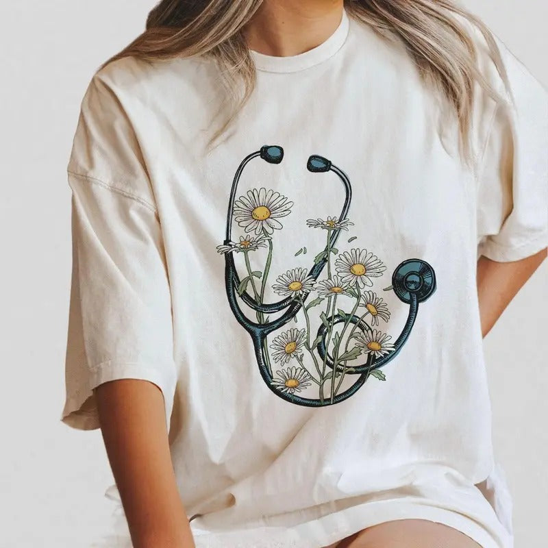 Nurse Flowal Stethoscope Sweatshirt, Nursing Flower Tee, Cotton Round Neck Tee, Unisex Tshirt for Men and Women,...