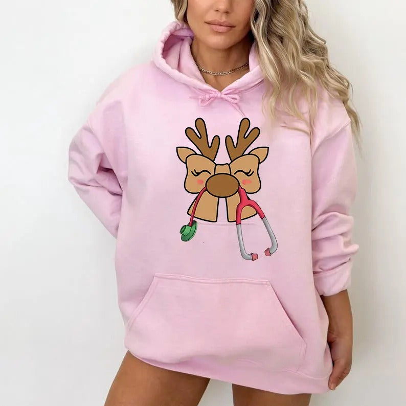 Coquette Nurse Stethoscope Sweatshirt, Christmas Reindeer Shirt For Doctors/Nurses, Perfect Holiday Nurse Gift, Christmas...