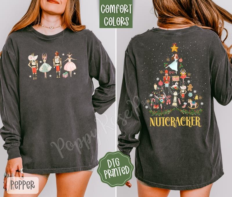 Nutcracker Front & Back Comfort Colors Long Sleeve T-Shirt, Cute Women's Christmas Tee Hoodie, Sweatshirt | HypeDripTees.com