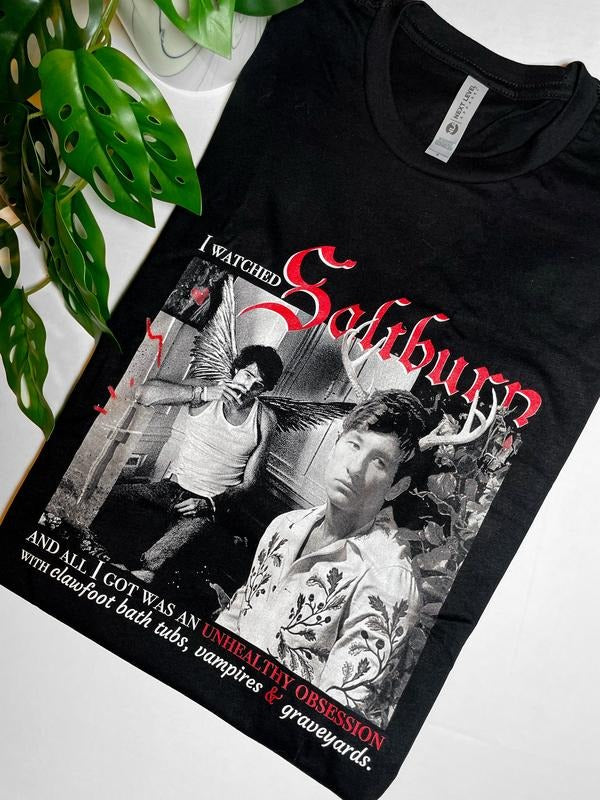 Obsessed With Saltburn Fan shirt, white and red ink, unisex shirt. Hoodie, Sweatshirt | HypeDripTees.com