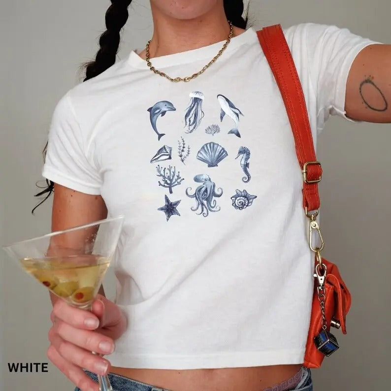 Ocean Themed Baby Tee Women, Y2K Coquette Graphic T-Shirt with Marine Animals Hoodie, Sweatshirt | HypeDripTees.com