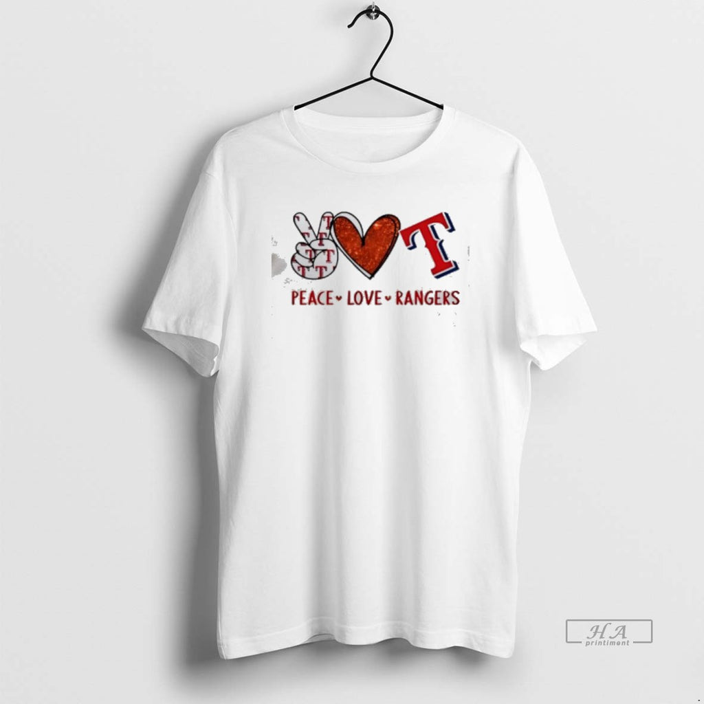 Official Peace Love Rangers Texas Baseball Hand Heart Graphics