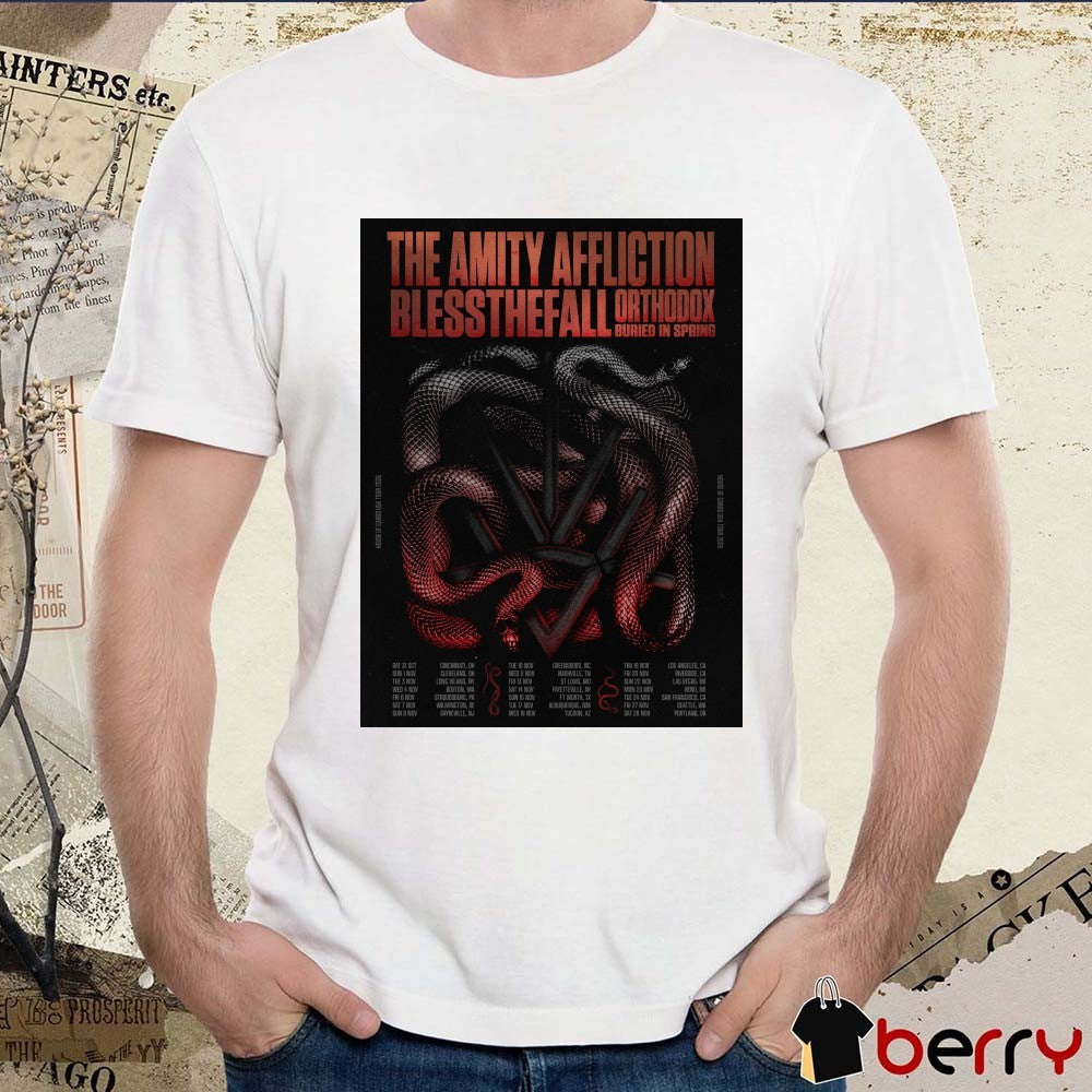 The Amity Affliction’s Poster House of Cards USA Tour 2026 guests Blessthefall, Orthodox, and Buried in Spring t-shirt