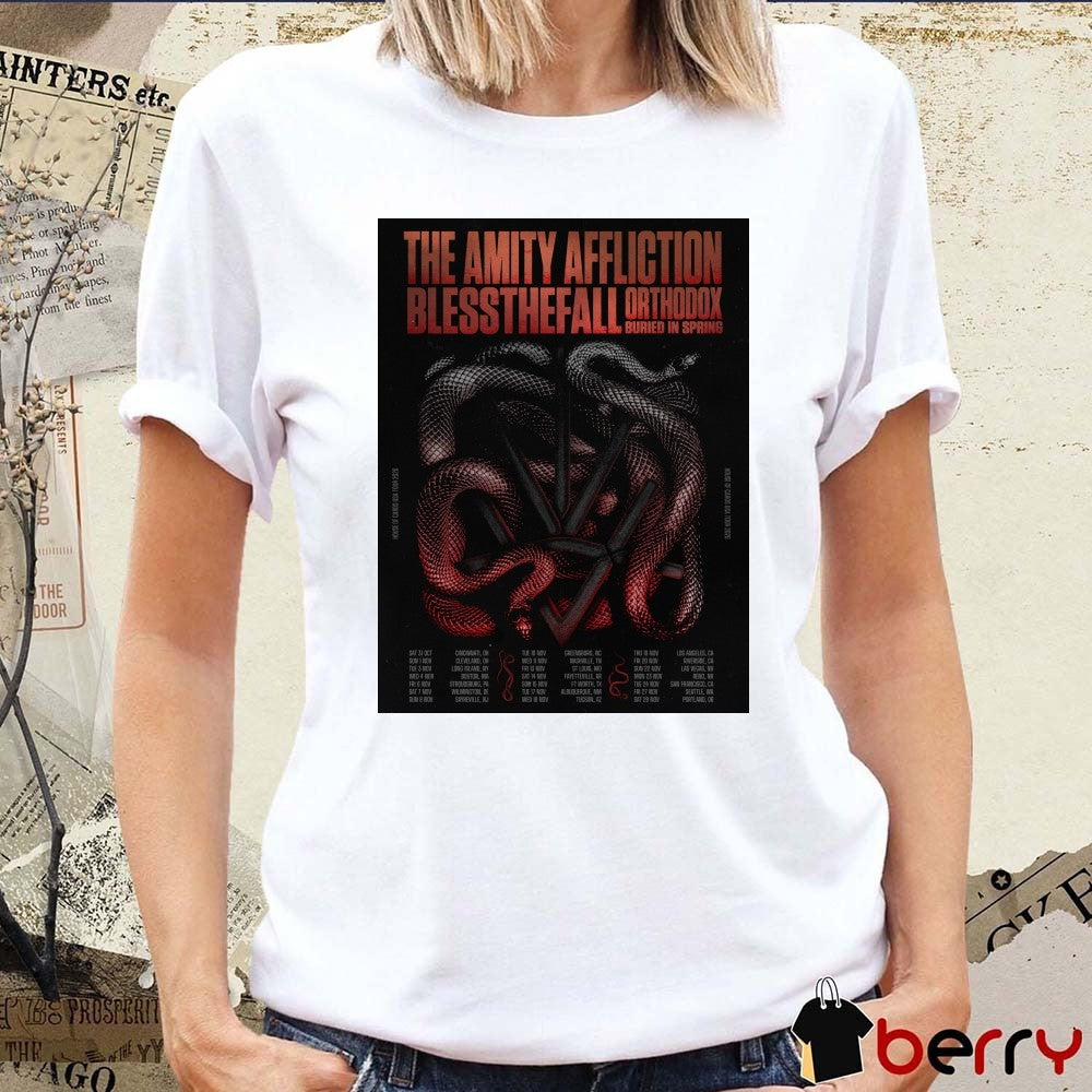 The Amity Affliction’s Poster House of Cards USA Tour 2026 guests Blessthefall, Orthodox, and Buried in Spring t-shirt
