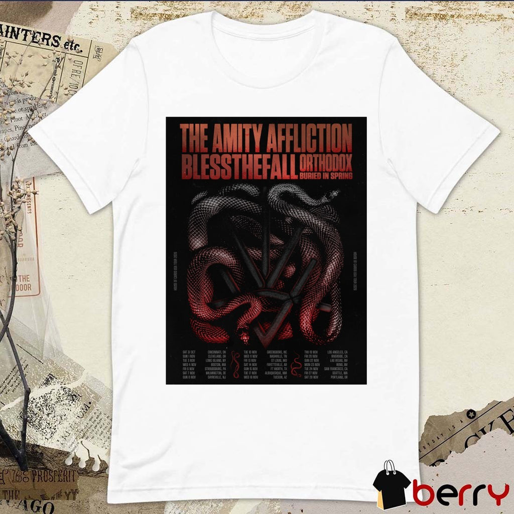 The Amity Affliction’s Poster House of Cards USA Tour 2026 guests Blessthefall, Orthodox, and Buried in Spring t-shirt