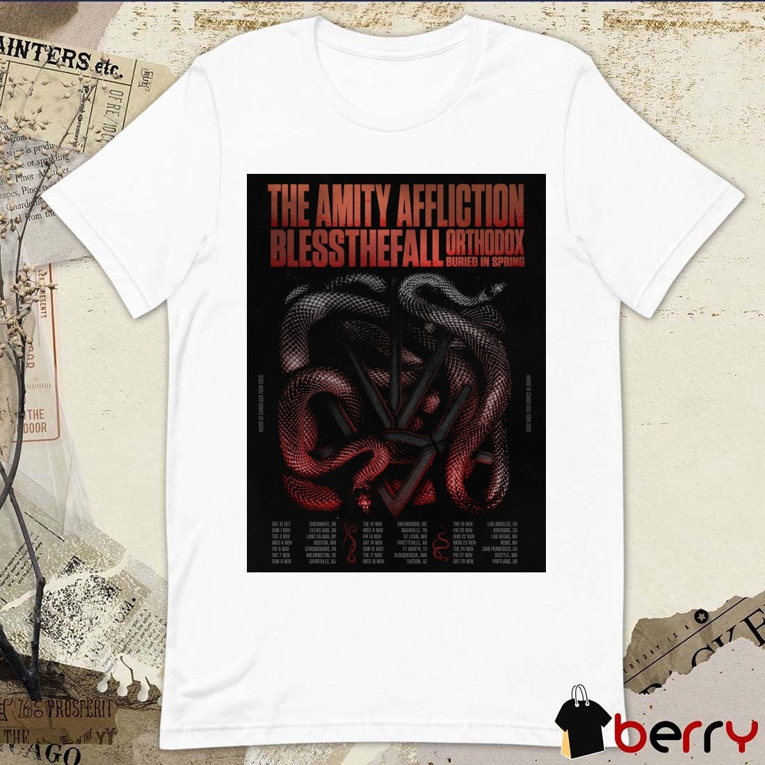 The Amity Affliction’s Poster House of Cards USA Tour 2026 guests Blessthefall, Orthodox, and Buried in Spring t-shirt