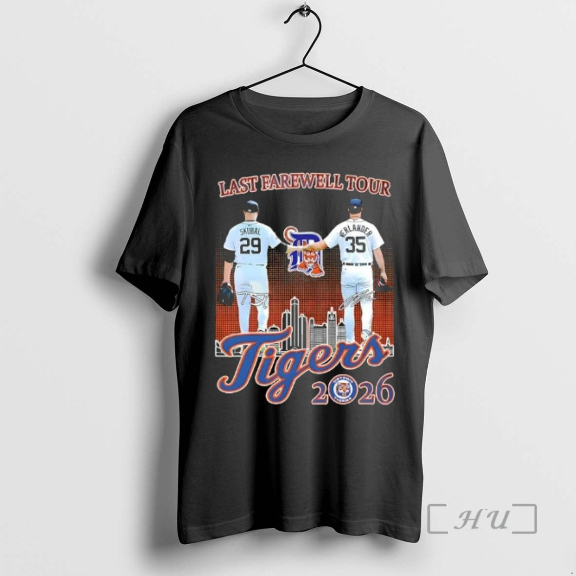 Officials 2026 Skubal Fist Bump Verlander Last Farewell Tour Detroit Tigers Skyline Premium T Shirts Hoodie, Sweatshirt