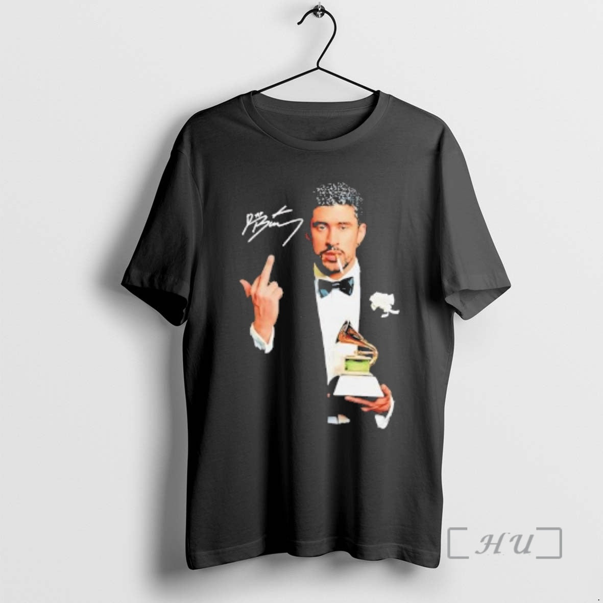 Officials Bad Bunny Smoking And Middle Finger Holding Grammy Trophy 2026 Premium T Shirts Sweater Hoodie, Sweatshirt