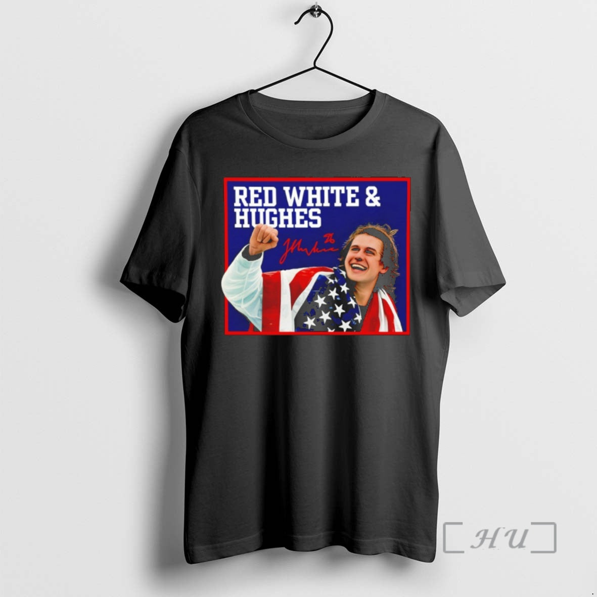 Officials Jack Hughes Red White And Hughes Gold Usa Hockey Champions American Flag Signature Premium T-Shirts, Hoodie,...