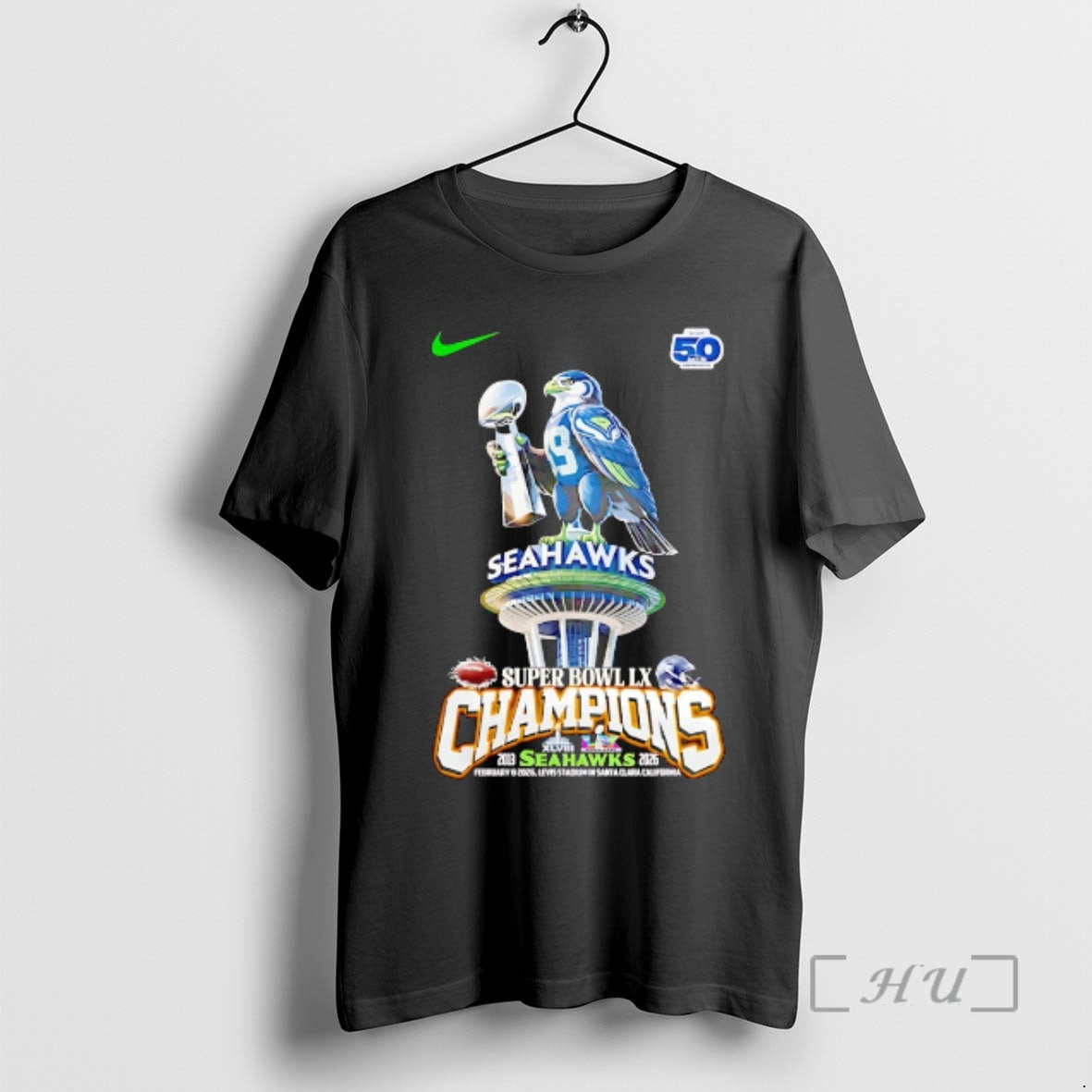 Officials Seattle Seahawks Holding Super Bowl Lx Champions 2026 Trophy 50th Anniversary Premium T Shirts