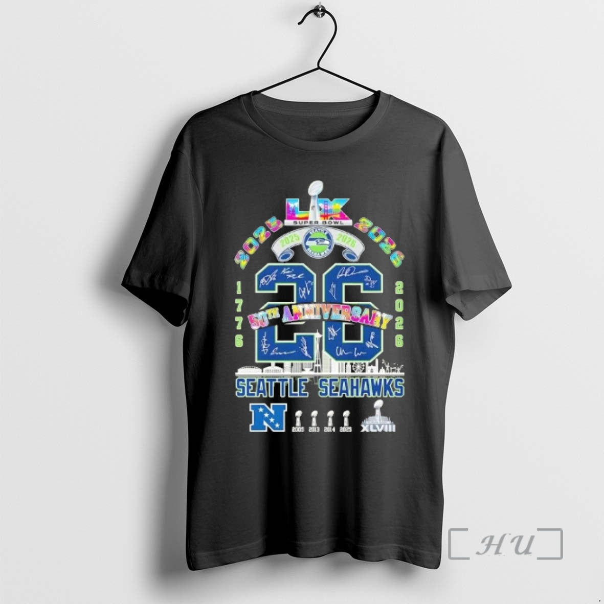 Officials Super Bowl Lx 50th Anniversary 1776 2026 Seattle Seahawks All Signatures Premium T Shirts