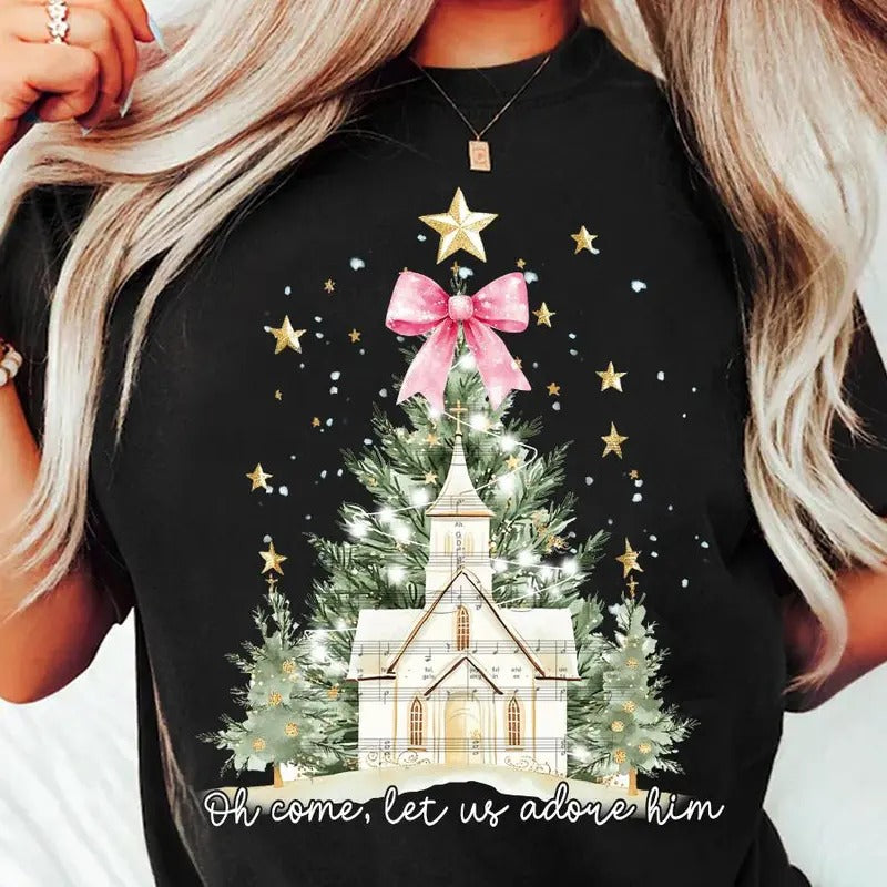 Oh Come Let Us Adore Him Coquette Bow Christmas Tree Shirt