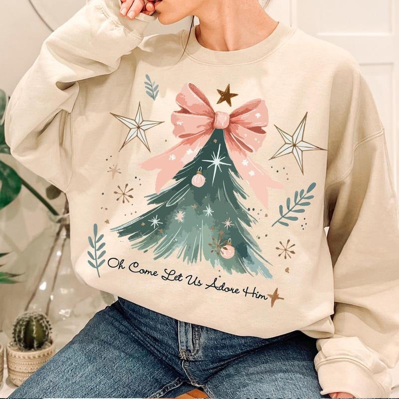 Oh Come Let Us Adore Him Sweatshirt, Coquette Bow Christmas Tree Shirt,Christmas Jesus Sweatshirt,Watercolor Christian...