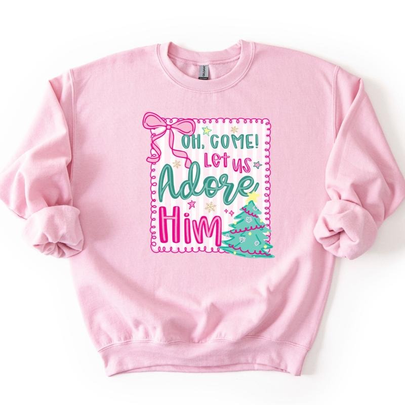 Oh Come Let Us Adore Him Sweatshirt, Coquette Christmas Sweatshirt T-Shirts, Hoodie | HypeDripTees.com