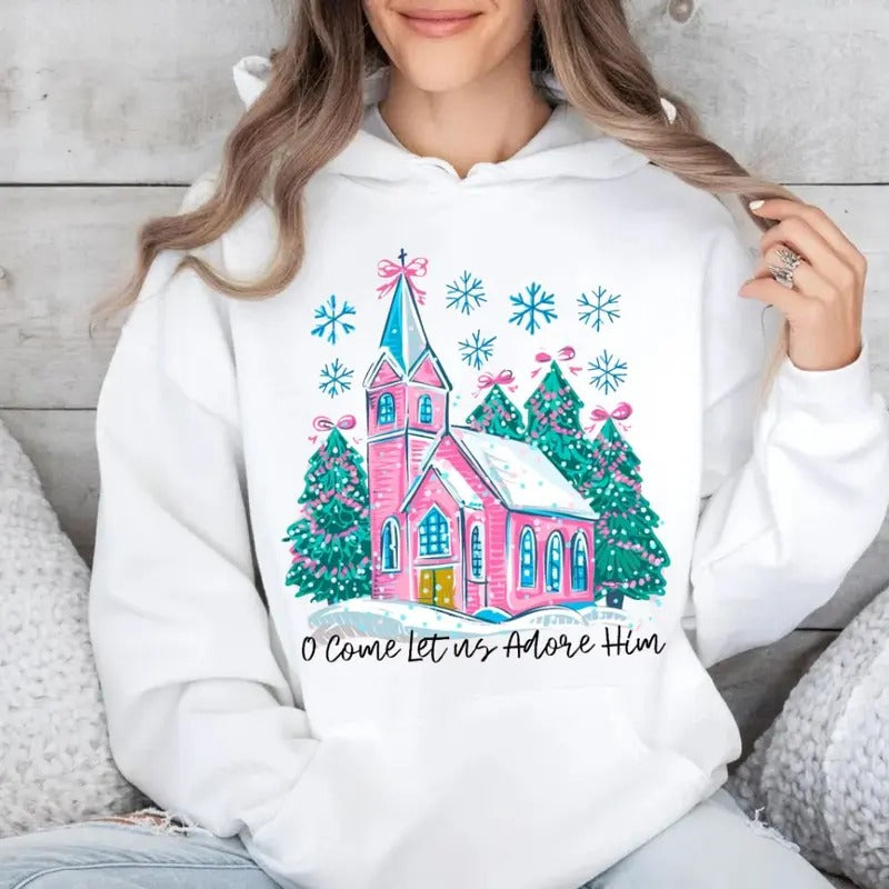 Oh Come Let Us Adore Him Sweatshirt, Jesus Christmas Shirt, Christian, Watercolor Christmas Hoodie, Unisex Sweater...