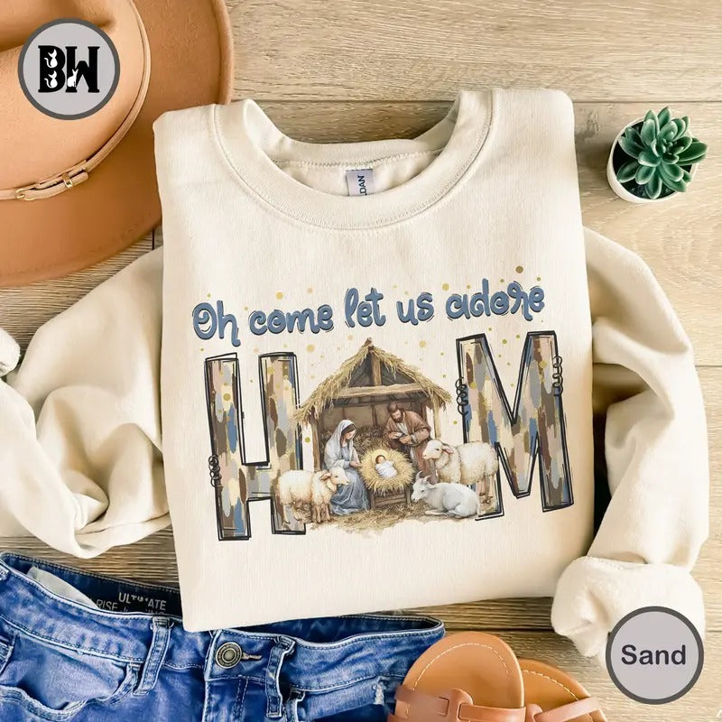 Oh Come Let Us Adore Him Sweatshirt, Nativity Scene Christmas Sweatshirt, Coquette Jesus Christmas Sweatshirt, Baby Jesus...