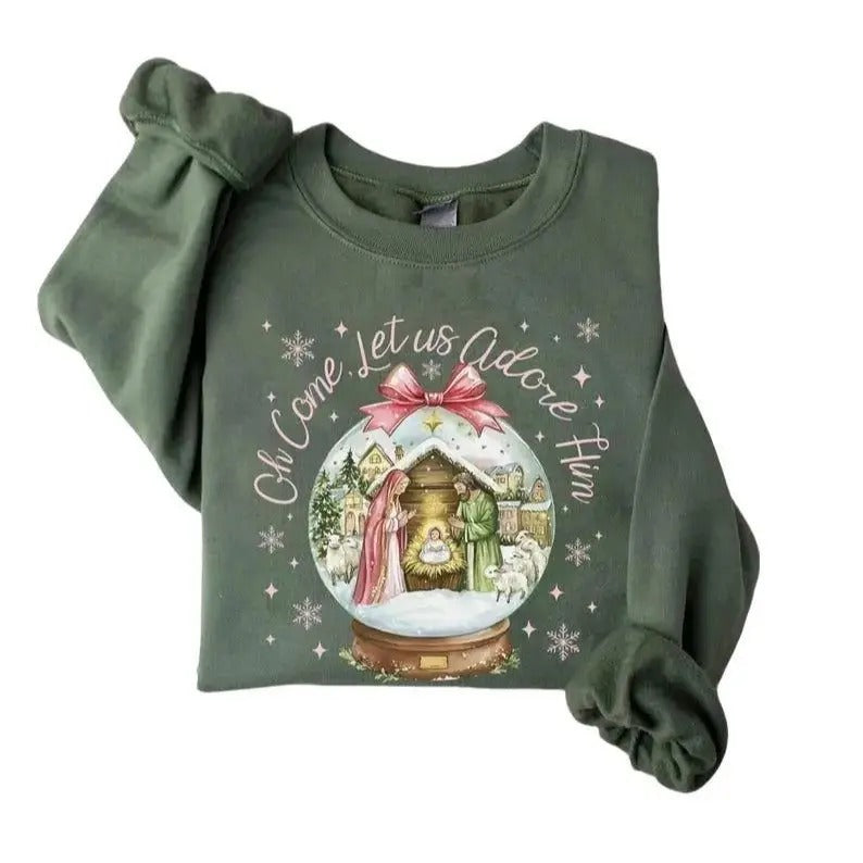 Oh Come Let Us Adore Him Sweatshirt,hoodie, Nativity Scene Christmas Shirt, Coquette Jesus Christmas Snow Globe...
