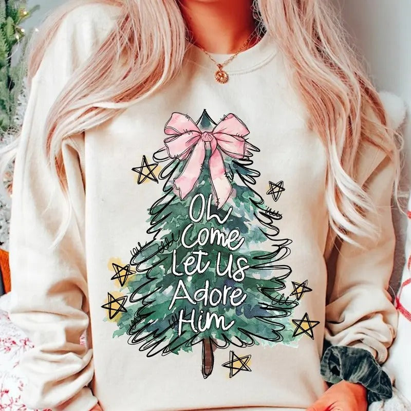 Oh Come Let Us Adore Him T-Shirt - Christian Christmas Sweatshirt for Men and Women