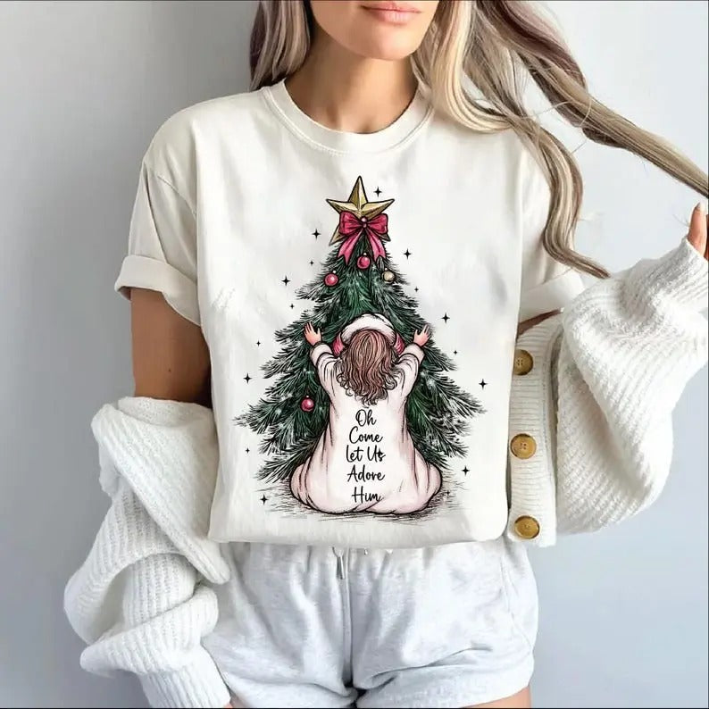 Oh Come Let Us Adore Him, Jesus Christmas, Coquette Christmas Tree Christian Christmas Tshirt Hoodie, Sweatshirt